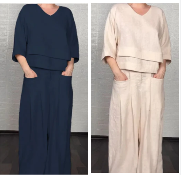 💎 Conjunto 2 Piezas de Algodón y Lino con Bajo Irregular – Top Escote V + Pantalón Ancho, Transpirable & Elegante sin Esfuerzo 🍂👚
