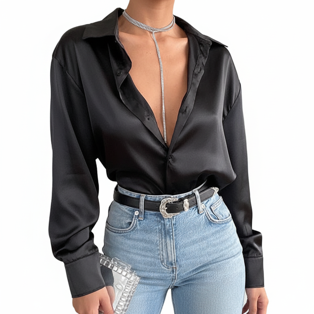 Camisa de satén con solapa para mujer - Manga larga
