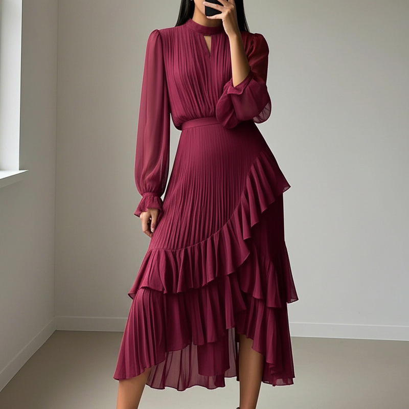 Vestido Midi Plisado para Mujer con Volantes y Escote Ojo de Cerradura