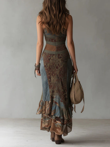 Elena • Vestido Largo Un Hombro con Estampado Étnico y Abertura Alta