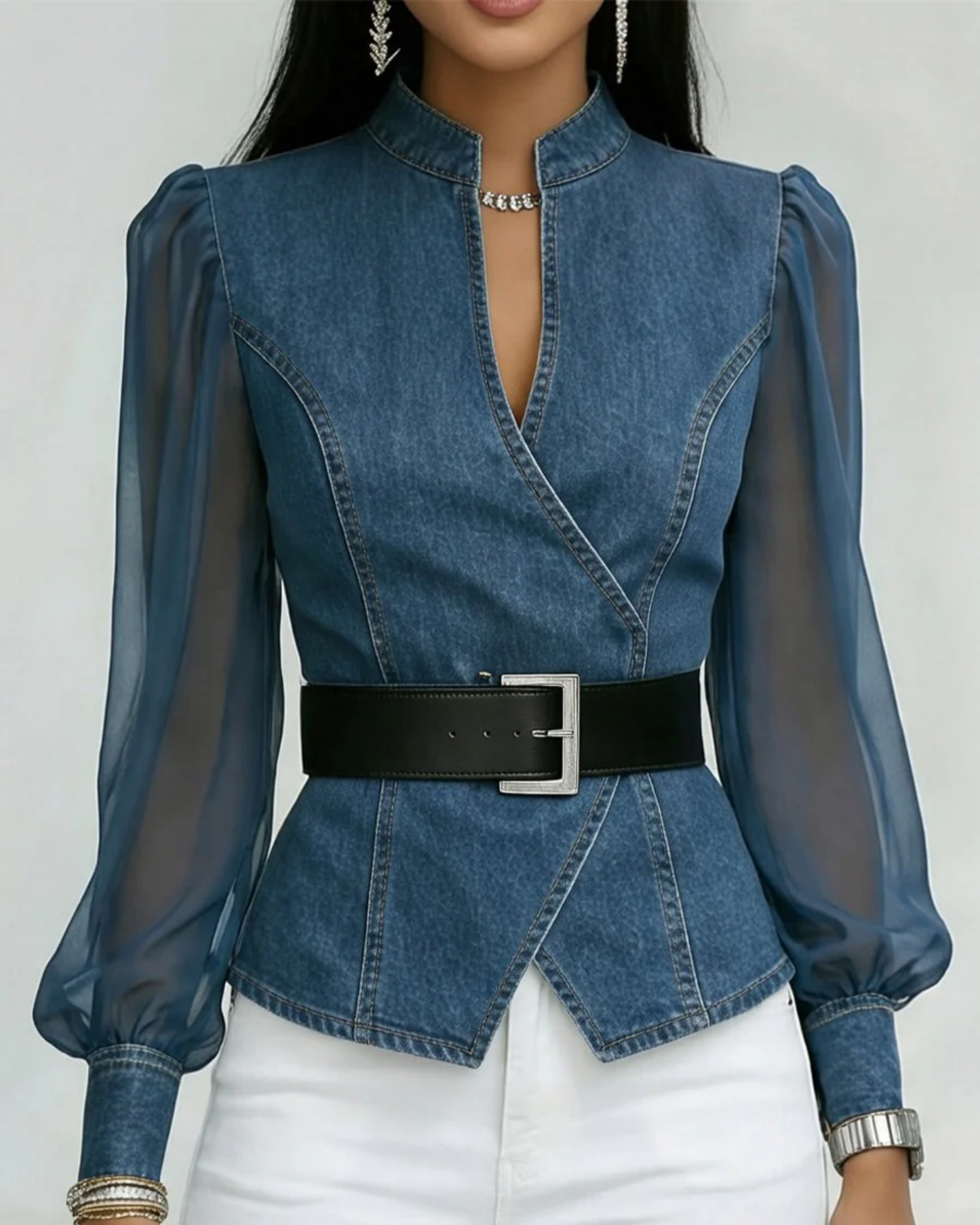 Alessia | Blusa Vaquero con Mangas de Chifón