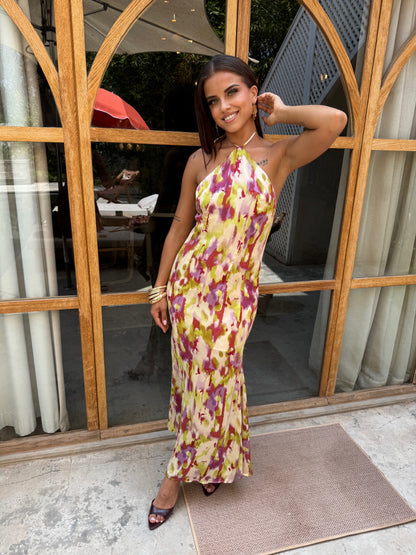 Amara – Vestido Maxi Halter con Estampado Floral Acuarela
