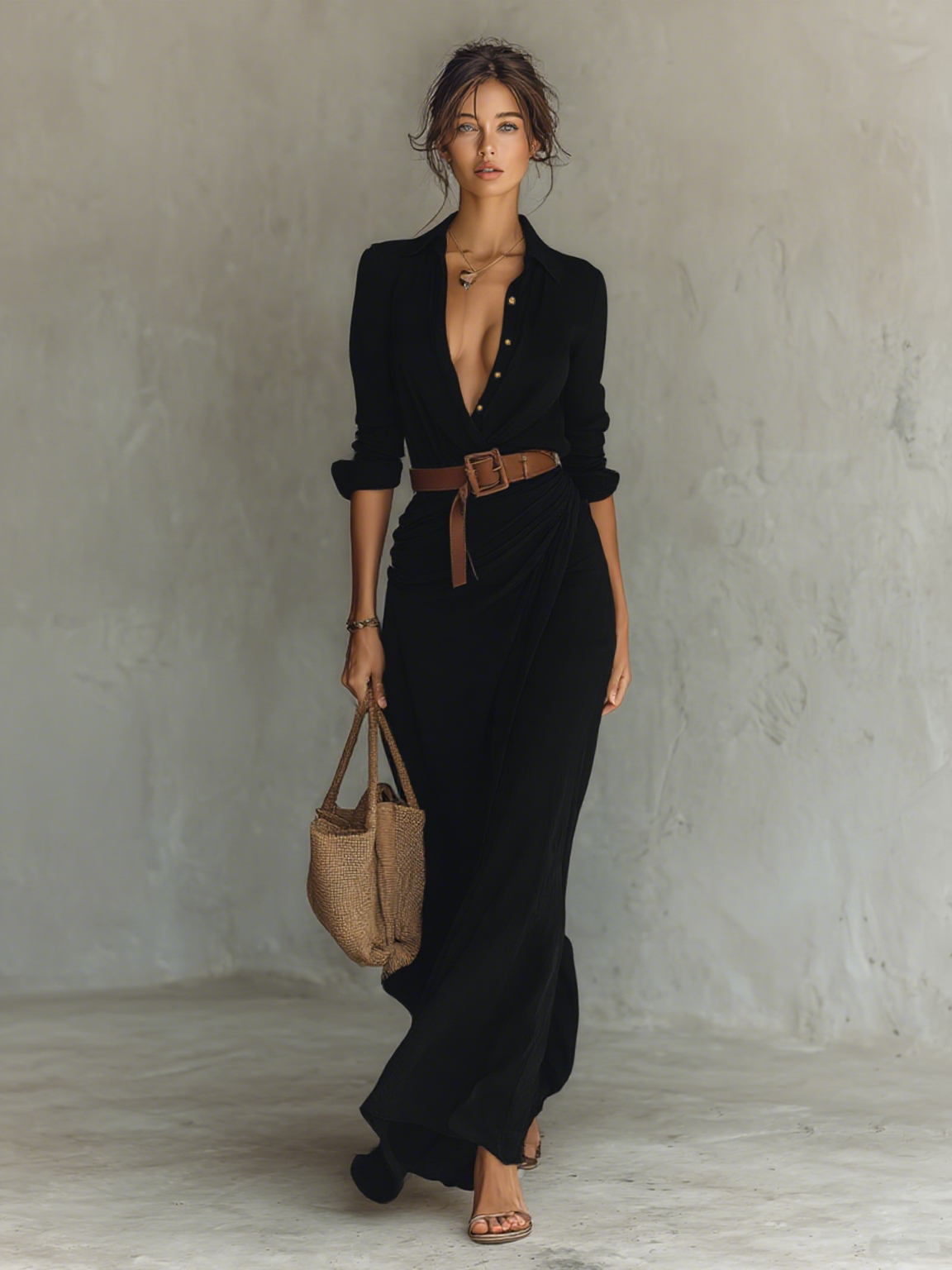 Vestido Maxi Largo con Cuello Solapa y Mangas Largas