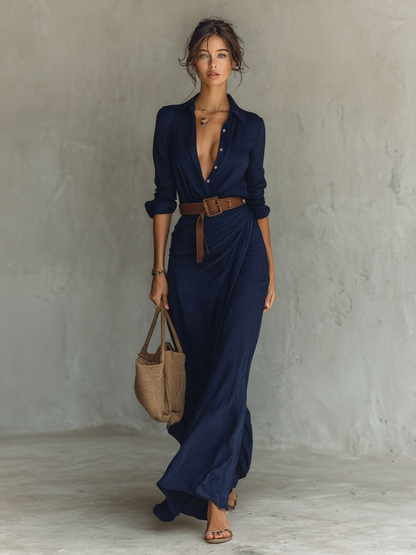 Vestido Maxi Largo con Cuello Solapa y Mangas Largas