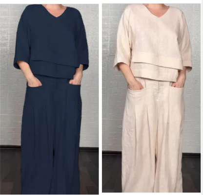 💎 Conjunto 2 Piezas de Algodón y Lino con Bajo Irregular – Top Escote V + Pantalón Ancho, Transpirable & Elegante sin Esfuerzo 🍂👚