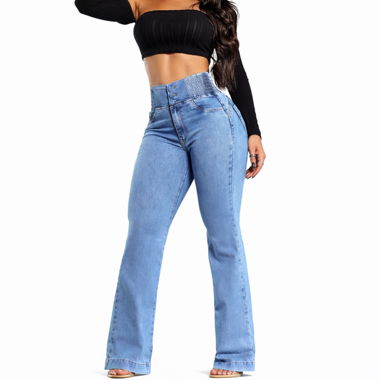 Jeans Mujer Cintura Alta con Cierre Asimétrico Flare - Algodón Premium