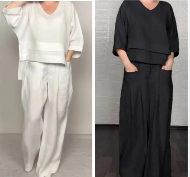 💎 Conjunto 2 Piezas de Algodón y Lino con Bajo Irregular – Top Escote V + Pantalón Ancho, Transpirable & Elegante sin Esfuerzo 🍂👚