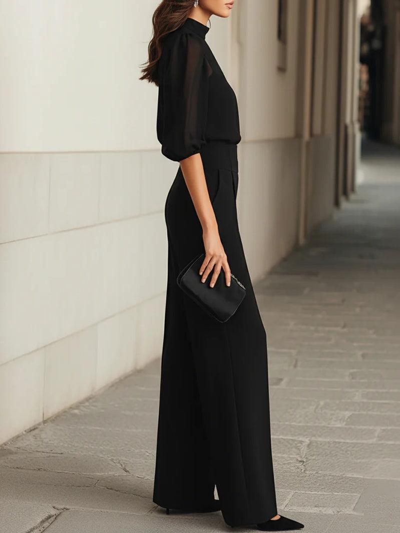 Valentina • Conjunto de tres piezas negro con top camisola transparente y pantalón de pierna ancha
