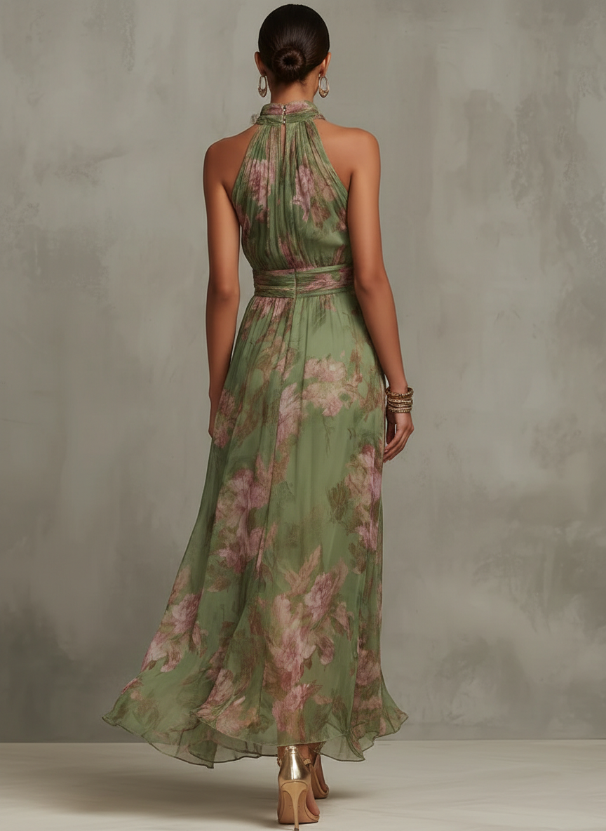 Serena • Vestido Largo Verde Floral en Gasa con Escote Halter
