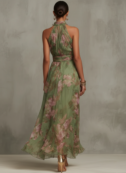 Serena • Vestido Largo Verde Floral en Gasa con Escote Halter