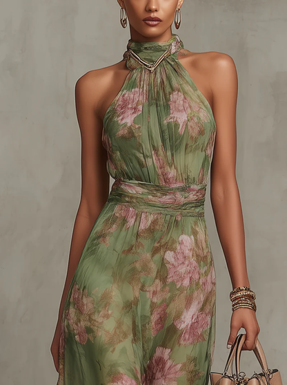 Serena • Vestido Largo Verde Floral en Gasa con Escote Halter