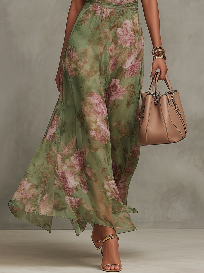Serena • Vestido Largo Verde Floral en Gasa con Escote Halter