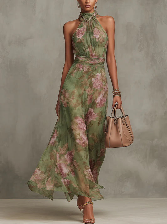 Serena • Vestido Largo Verde Floral en Gasa con Escote Halter