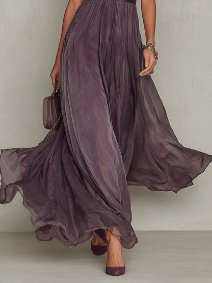 Flavia • Vestido Largo Violeta con Escote en Gota y Borde de Encaje de Gasa