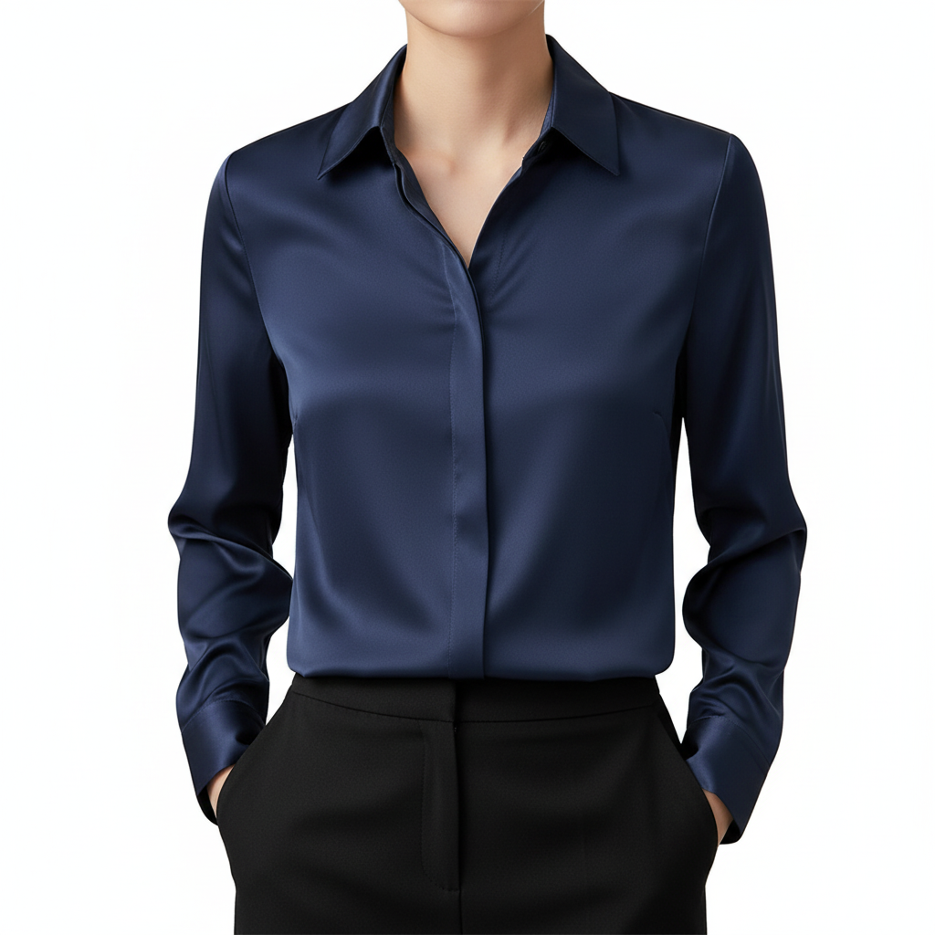 Camisa de satén con solapa para mujer - Manga larga