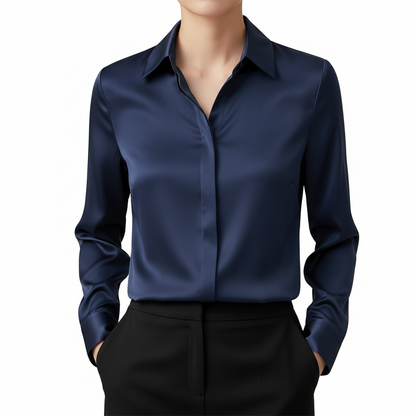 Camisa de satén con solapa para mujer - Manga larga