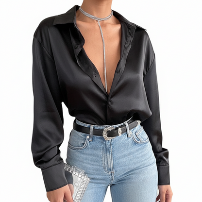 Camisa de satén con solapa para mujer - Manga larga