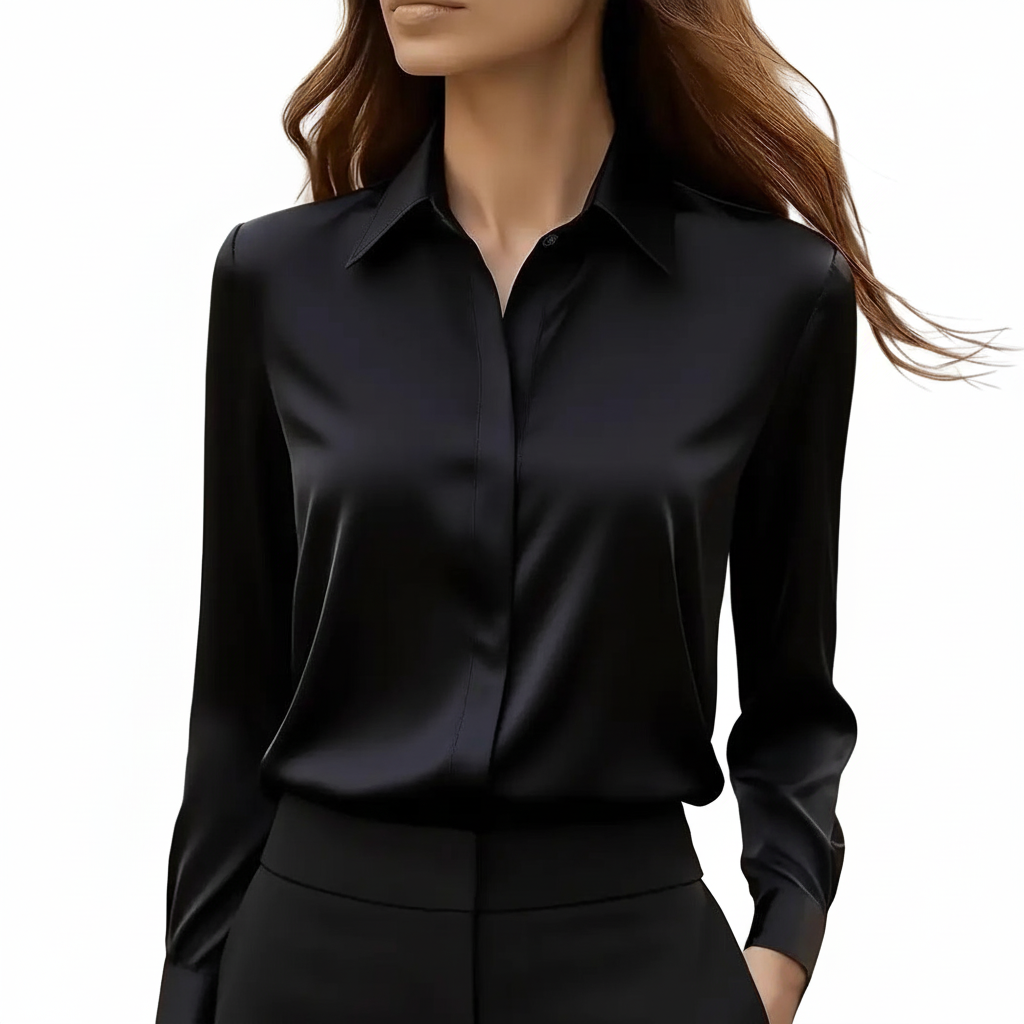 Camisa de satén con solapa para mujer - Manga larga