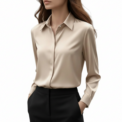 Camisa de satén con solapa para mujer - Manga larga