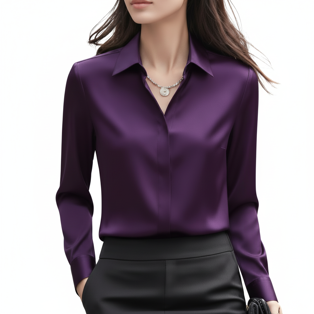 Camisa de satén con solapa para mujer - Manga larga