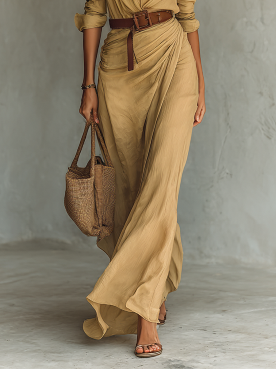 Vestido Maxi Largo con Cuello Solapa y Mangas Largas
