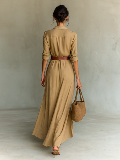 Vestido Maxi Largo con Cuello Solapa y Mangas Largas
