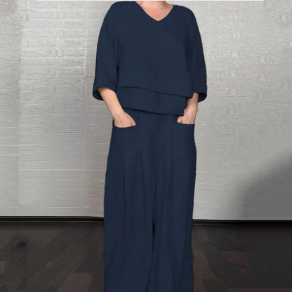 💎 Conjunto 2 Piezas de Algodón y Lino con Bajo Irregular – Top Escote V + Pantalón Ancho, Transpirable & Elegante sin Esfuerzo 🍂👚