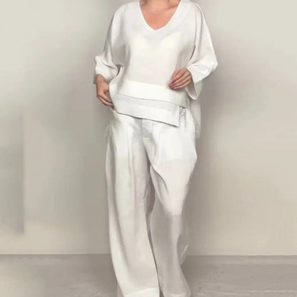 💎 Conjunto 2 Piezas de Algodón y Lino con Bajo Irregular – Top Escote V + Pantalón Ancho, Transpirable & Elegante sin Esfuerzo 🍂👚