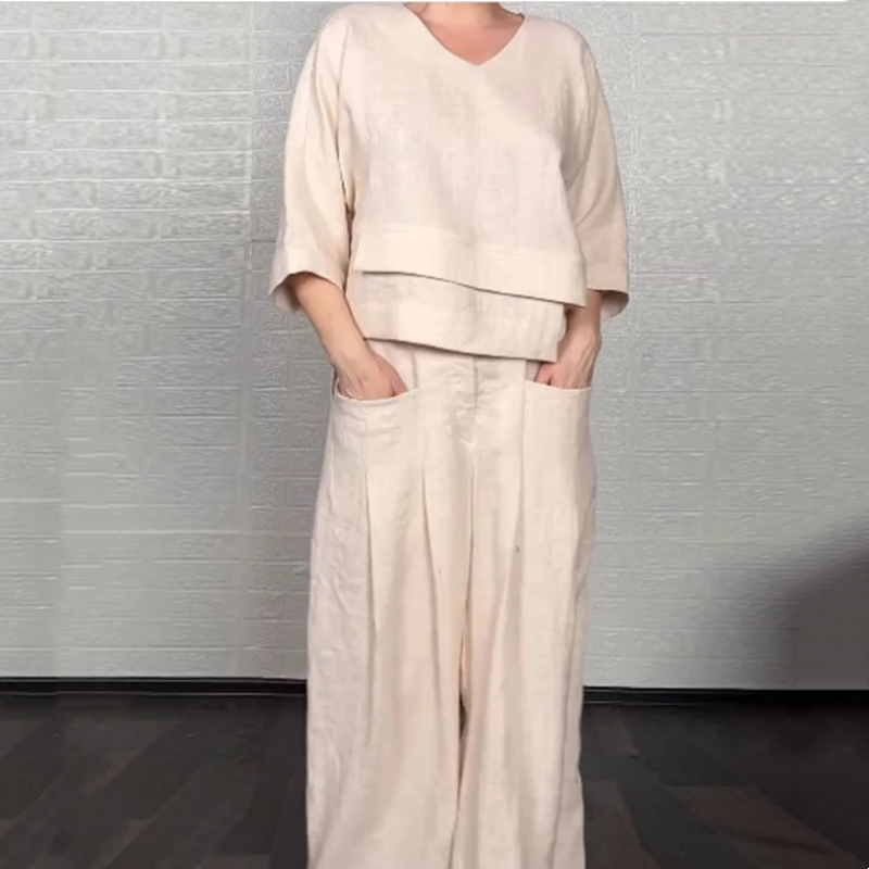 💎 Conjunto 2 Piezas de Algodón y Lino con Bajo Irregular – Top Escote V + Pantalón Ancho, Transpirable & Elegante sin Esfuerzo 🍂👚