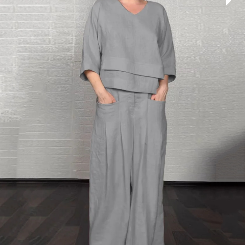 💎 Conjunto 2 Piezas de Algodón y Lino con Bajo Irregular – Top Escote V + Pantalón Ancho, Transpirable & Elegante sin Esfuerzo 🍂👚