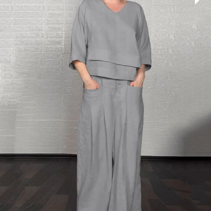 💎 Conjunto 2 Piezas de Algodón y Lino con Bajo Irregular – Top Escote V + Pantalón Ancho, Transpirable & Elegante sin Esfuerzo 🍂👚