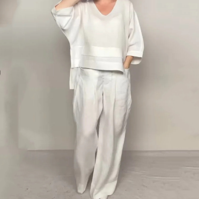 💎 Conjunto 2 Piezas de Algodón y Lino con Bajo Irregular – Top Escote V + Pantalón Ancho, Transpirable & Elegante sin Esfuerzo 🍂👚