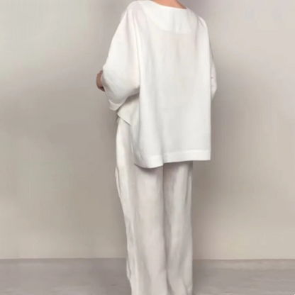 💎 Conjunto 2 Piezas de Algodón y Lino con Bajo Irregular – Top Escote V + Pantalón Ancho, Transpirable & Elegante sin Esfuerzo 🍂👚