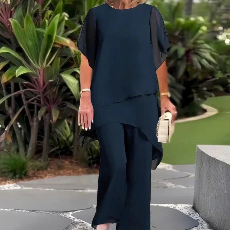 Conjunto de dos piezas para mujer: Top asimétrico elegante y pantalón de pierna ancha