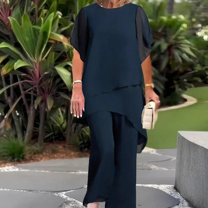 Conjunto de dos piezas para mujer: Top asimétrico elegante y pantalón de pierna ancha