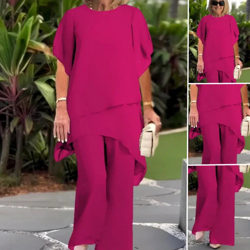 Conjunto de dos piezas para mujer: Top asimétrico elegante y pantalón de pierna ancha