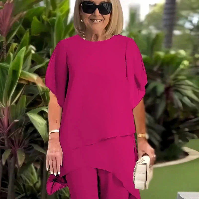 Conjunto de dos piezas para mujer: Top asimétrico elegante y pantalón de pierna ancha