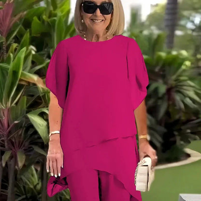 Conjunto de dos piezas para mujer: Top asimétrico elegante y pantalón de pierna ancha