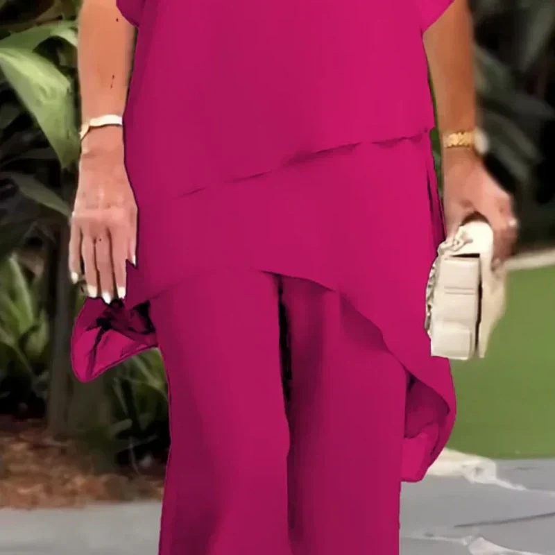 Conjunto de dos piezas para mujer: Top asimétrico elegante y pantalón de pierna ancha