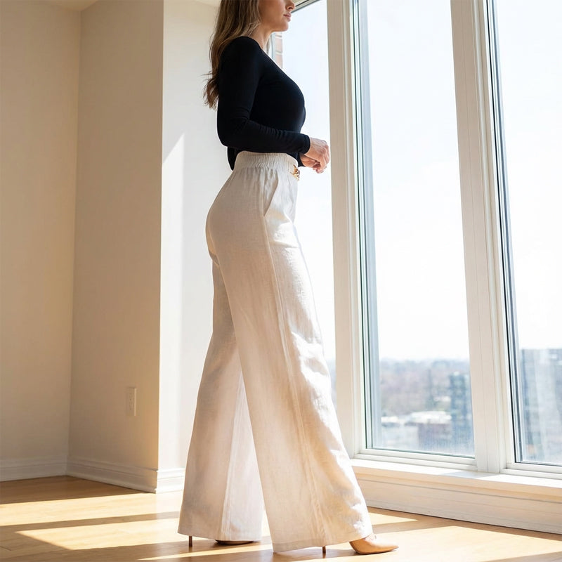 Pantalón Mujer – Talle Alto, Pierna Ancha y Cinturón Decorativo ✨