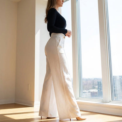 Pantalón Mujer – Talle Alto, Pierna Ancha y Cinturón Decorativo ✨