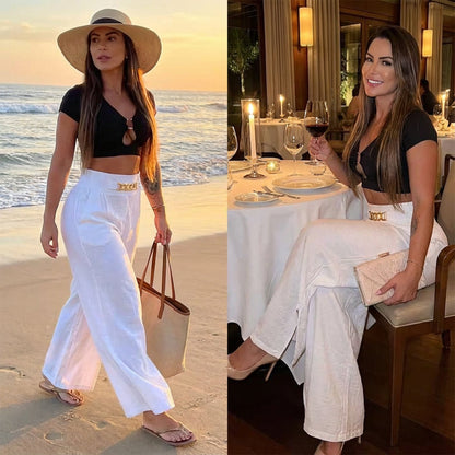 Pantalón Mujer – Talle Alto, Pierna Ancha y Cinturón Decorativo ✨