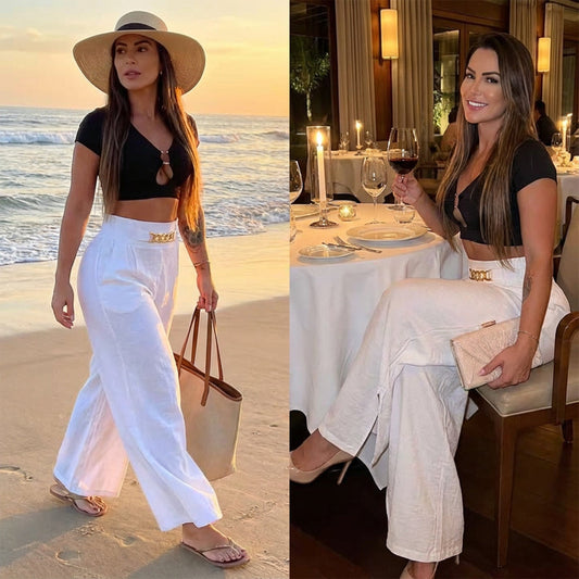 Pantalón Mujer – Talle Alto, Pierna Ancha y Cinturón Decorativo ✨