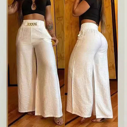 Pantalón Mujer – Talle Alto, Pierna Ancha y Cinturón Decorativo ✨
