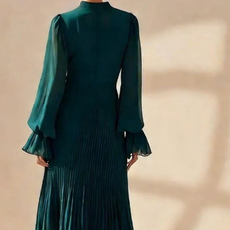Vestido Midi Plisado para Mujer con Volantes y Escote Ojo de Cerradura