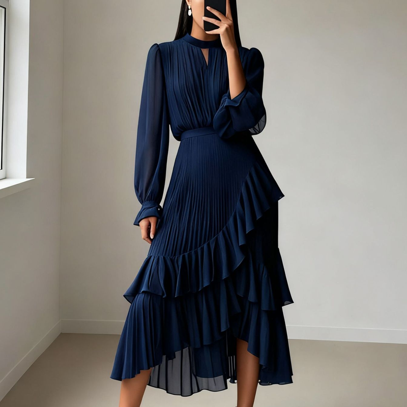 Vestido Midi Plisado para Mujer con Volantes y Escote Ojo de Cerradura