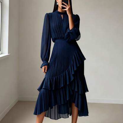 Vestido Midi Plisado para Mujer con Volantes y Escote Ojo de Cerradura