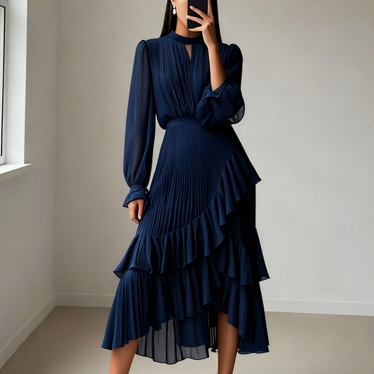 Vestido Midi Plisado para Mujer con Volantes y Escote Ojo de Cerradura