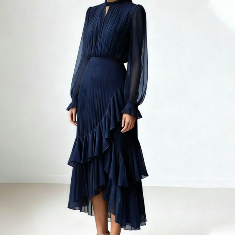 Vestido Midi Plisado para Mujer con Volantes y Escote Ojo de Cerradura