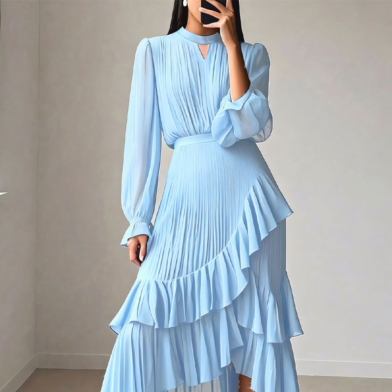 Vestido Midi Plisado para Mujer con Volantes y Escote Ojo de Cerradura